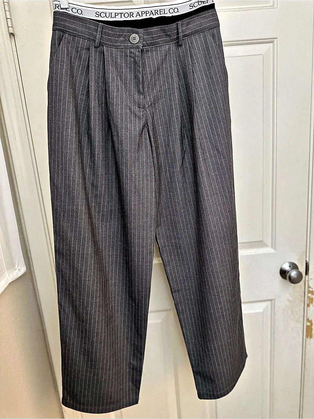 Sculptor Apparel Co. Peekaboo Lowrise Pintuck Pants Gray Pin Stripe